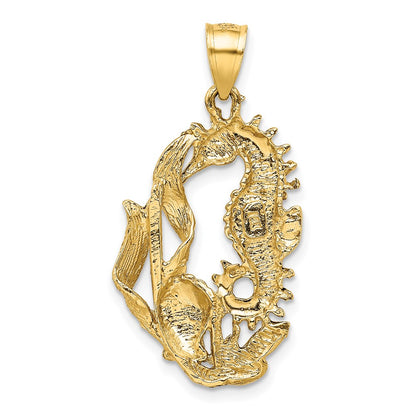 14k Yellow Gold Polished Diamond-cut Seahorse with Shell Pendant