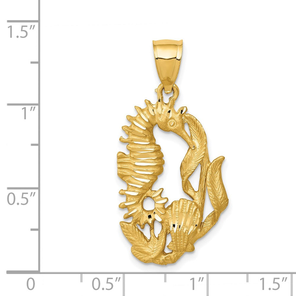14k Yellow Gold Polished Diamond-cut Seahorse with Shell Pendant