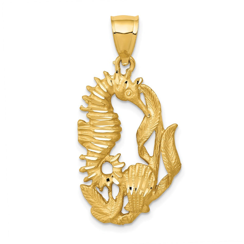 14k Yellow Gold Polished Diamond-cut Seahorse with Shell Pendant