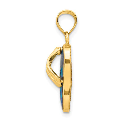 14k Yellow Gold Polished 3D w/Created Blue Opal Flip Flop Pendant