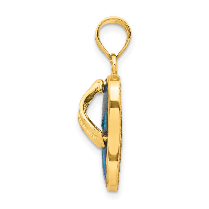 14k Yellow Gold Polished 3D w/Created Blue Opal Flip Flop Pendant