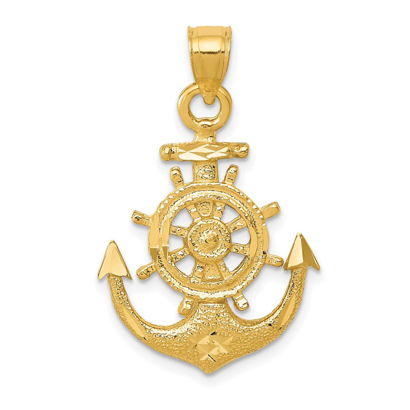 14k Yellow Gold Satin Diamond-cut Anchor Pendant