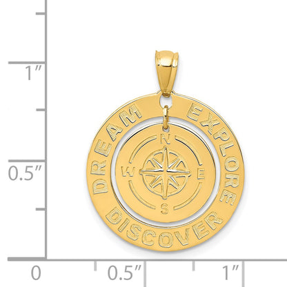 14k Yellow Gold Polished Dream Explore Discover w/Compass Pendant