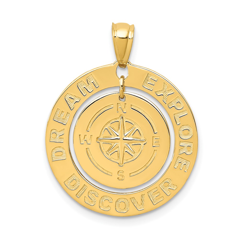14k Yellow Gold Polished Dream Explore Discover w/Compass Pendant