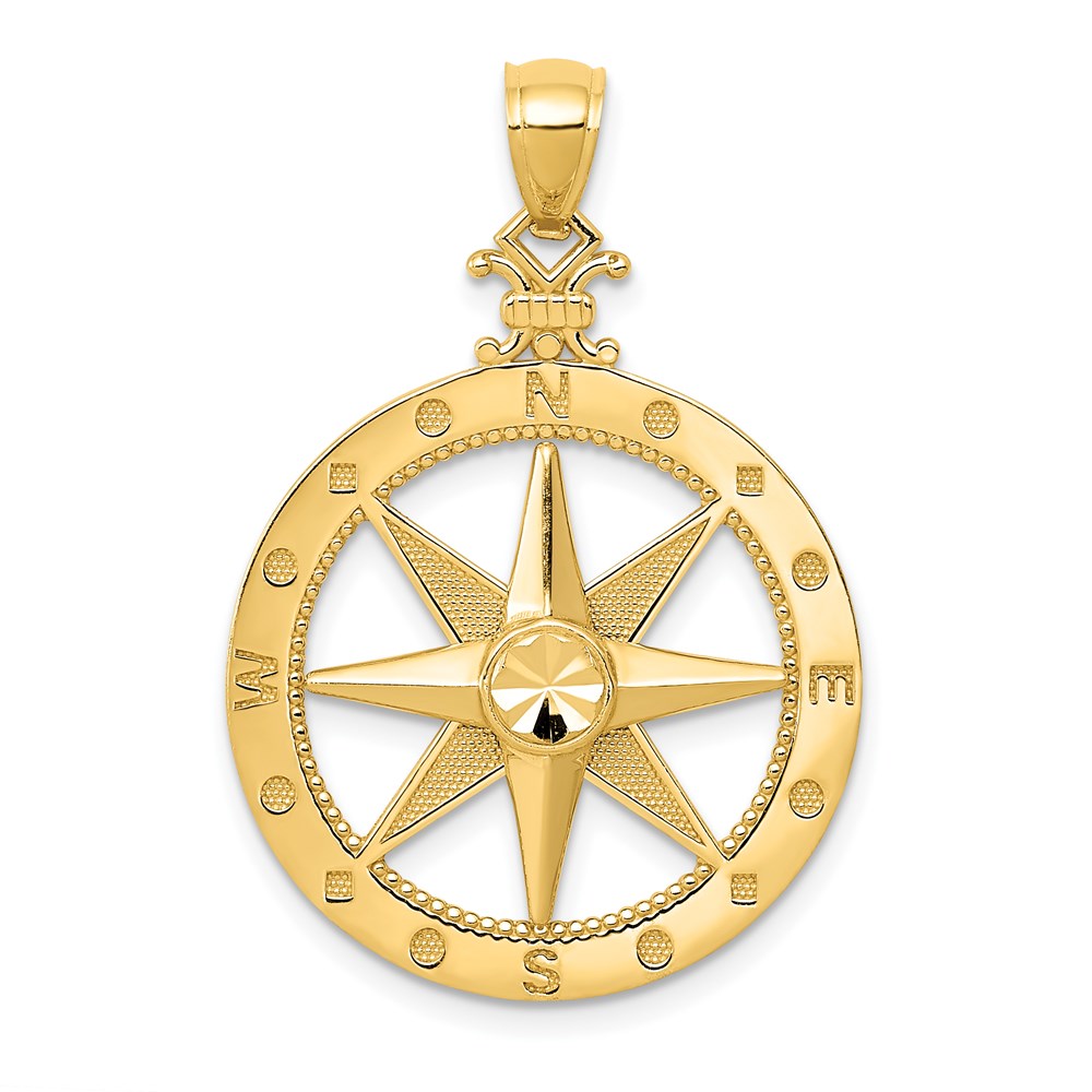 14k Yellow Gold Diamond-Cut Polished and Satin Compass Pendant