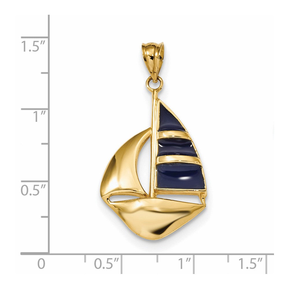 14k Yellow Gold Polished Blue Enamel Sailboat Pendant
