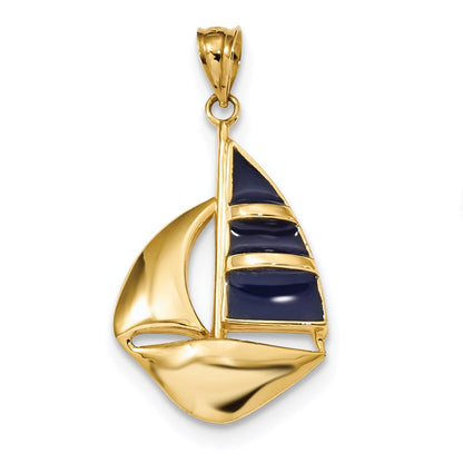 14k Yellow Gold Polished Blue Enamel Sailboat Pendant