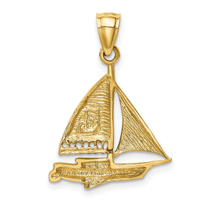 14k Yellow Gold Satin Diamond-cut Sailboat Pendant