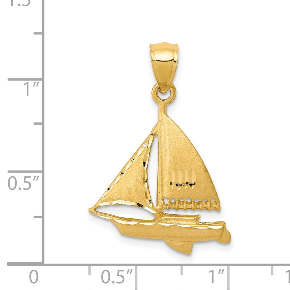 14k Yellow Gold Satin Diamond-cut Sailboat Pendant