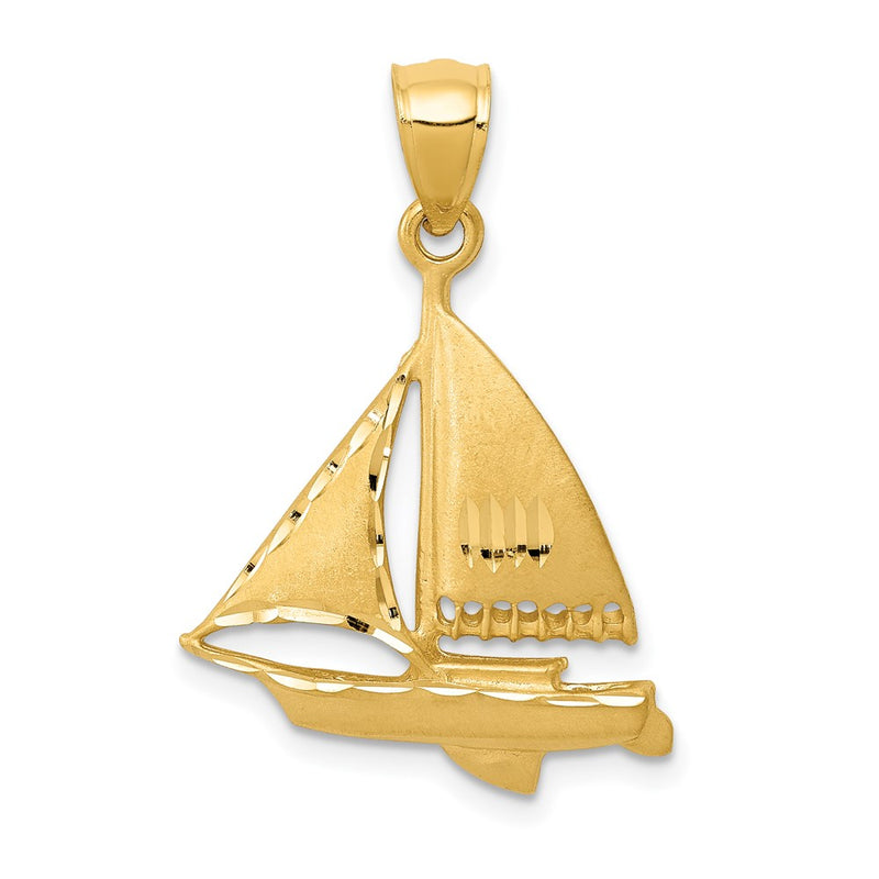 14k Yellow Gold Satin Diamond-cut Sailboat Pendant