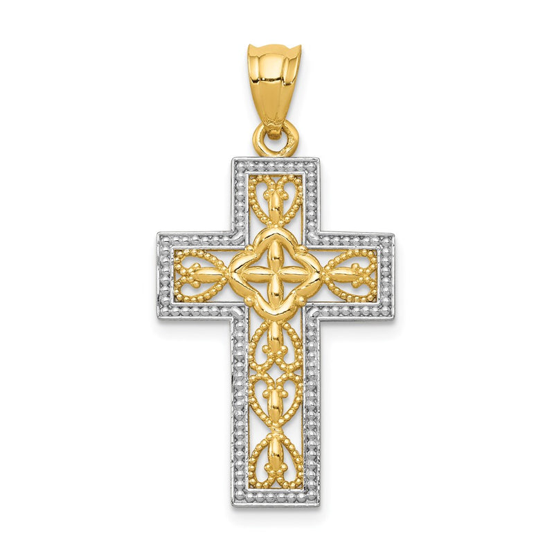 14k Yellow & Rhodium Gold w/White Rhodium Polished Filigree Cross Pendant