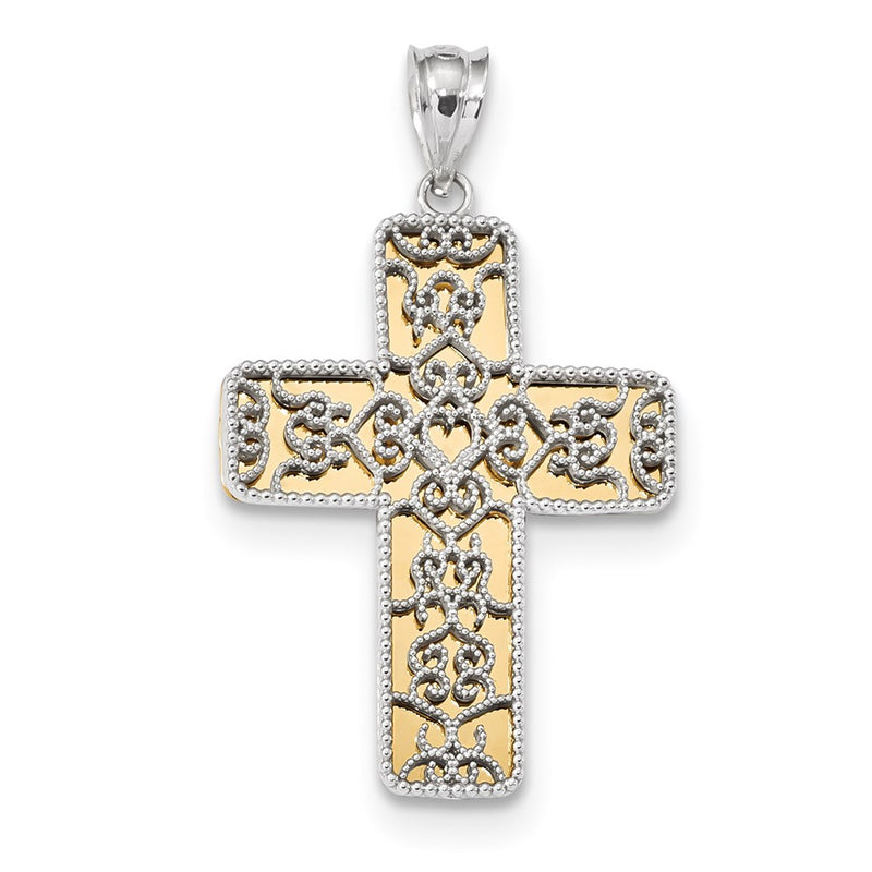 14k Two-tone Gold Polished Filigree Cross Pendant