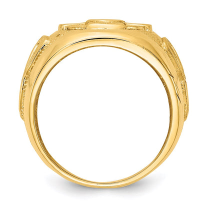 14K Yellow Gold Mens Celtic Cross with Green Synthetic Stone Center Ring