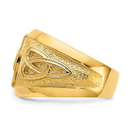 14K Yellow Gold Mens Celtic Cross with Green Synthetic Stone Center Ring