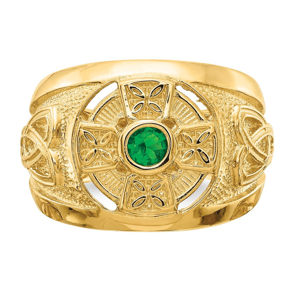 14K Yellow Gold Mens Celtic Cross with Green Synthetic Stone Center Ring
