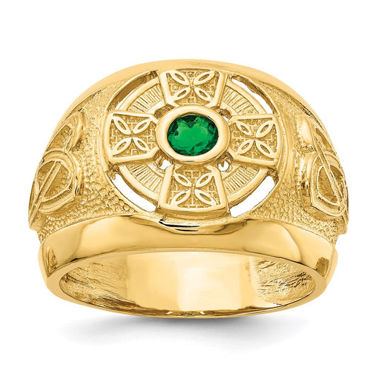 14K Yellow Gold Mens Celtic Cross with Green Synthetic Stone Center Ring