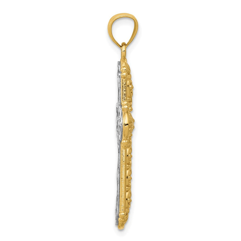 14k Yellow & Rhodium Gold w/Rhodium Reversible Diamond-cut Filigree Cross Pendant