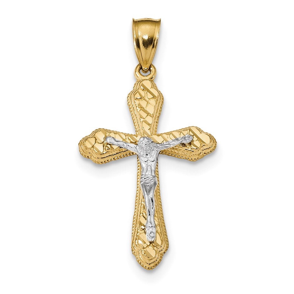 14k Two-tone Gold Diamond-cut Budded Crucifix Pendant