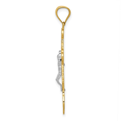 14k Yellow & Rhodium Gold Two-tone Gold Swirl Design Budded Crucifix Pendant