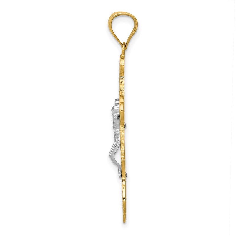 14k Yellow & Rhodium Gold Two-tone Gold Swirl Design Budded Crucifix Pendant