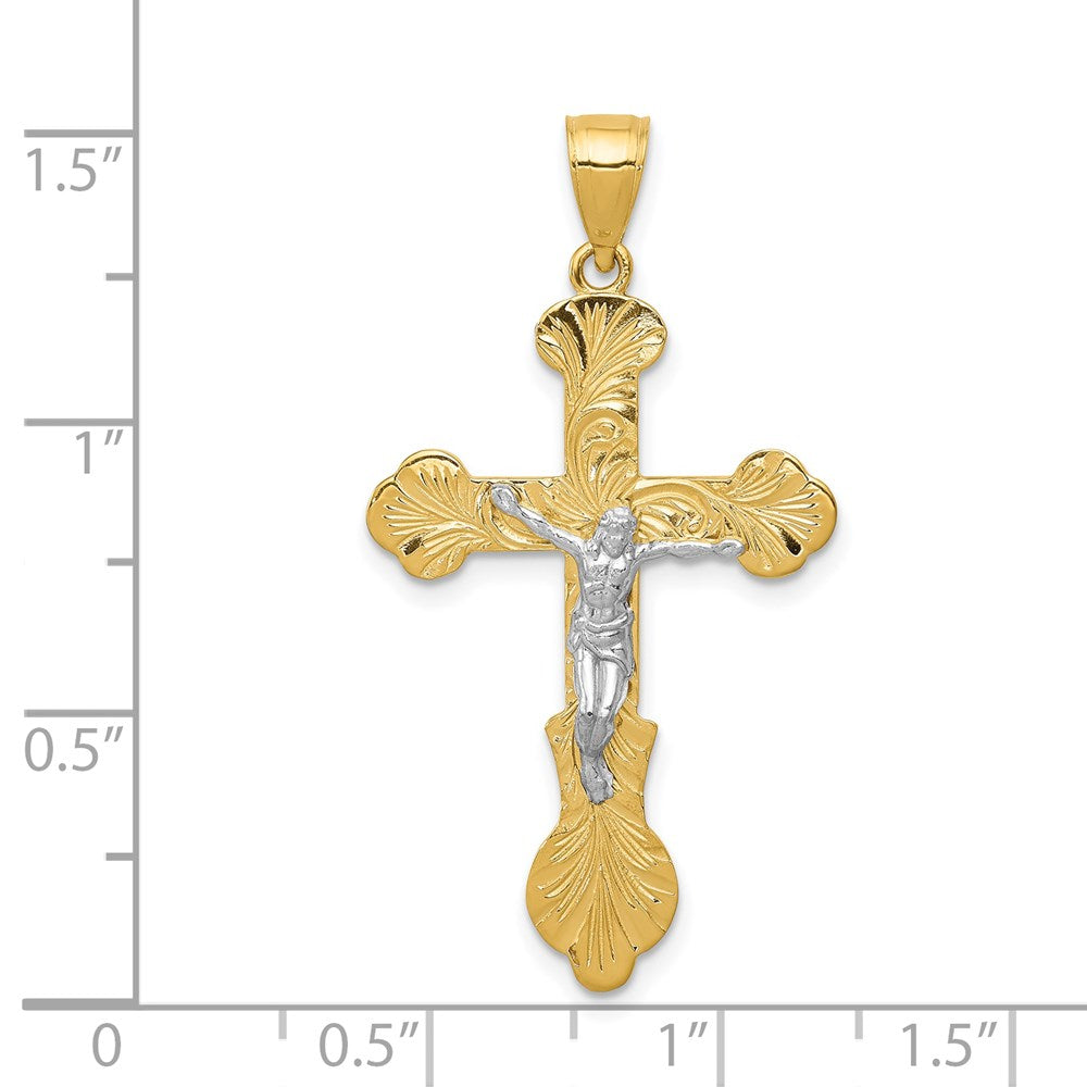14k Yellow & Rhodium Gold Two-tone Gold Swirl Design Budded Crucifix Pendant