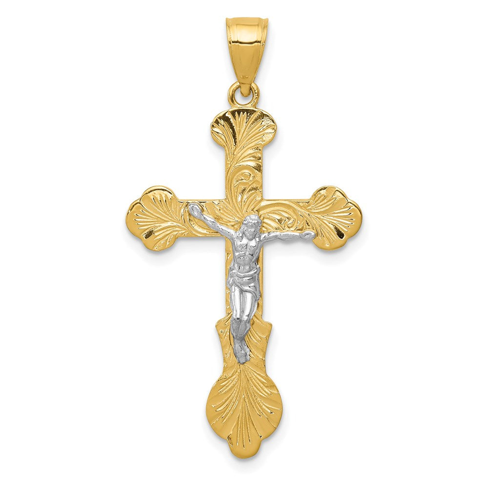14k Yellow & Rhodium Gold Two-tone Gold Swirl Design Budded Crucifix Pendant