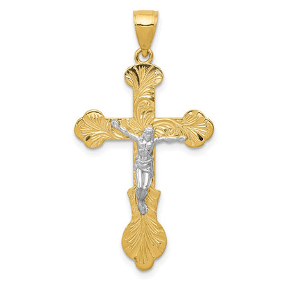 14k Yellow & Rhodium Gold Two-tone Gold Swirl Design Budded Crucifix Pendant