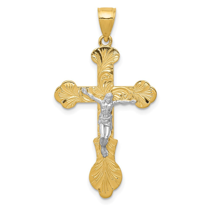 14k Yellow & Rhodium Gold Two-tone Gold Swirl Design Budded Crucifix Pendant