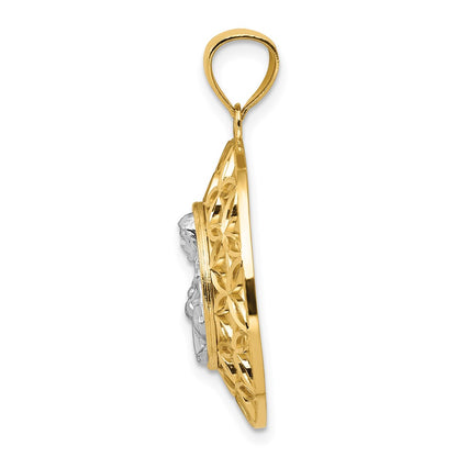 14k Yellow & Rhodium Gold w/Rhodium Diamond-cut Jesus in Circular Pendant