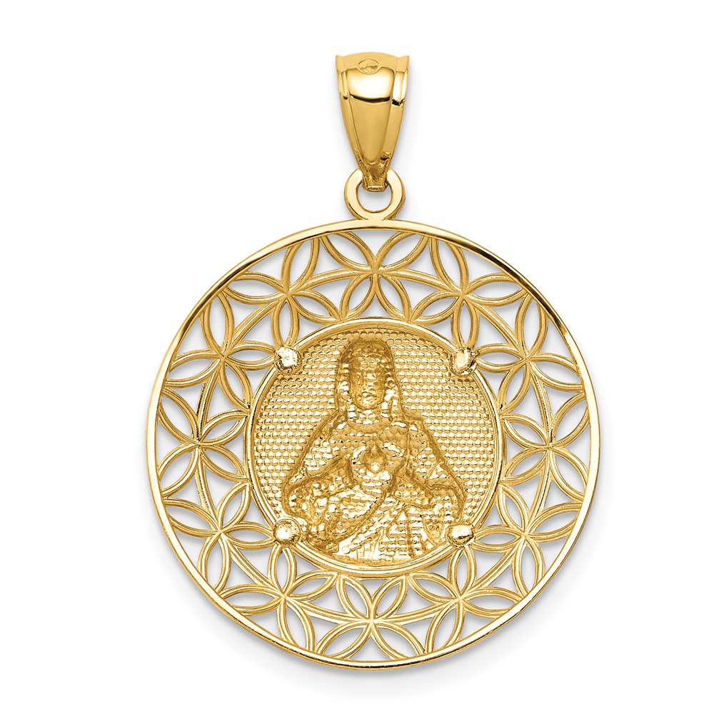 14k Yellow & Rhodium Gold w/Rhodium Diamond-cut Jesus in Circular Pendant