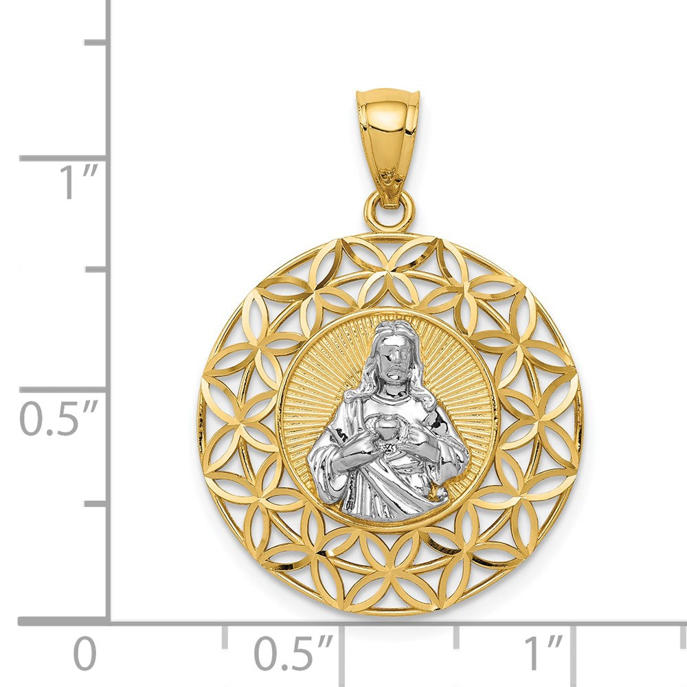 14k Yellow & Rhodium Gold w/Rhodium Diamond-cut Jesus in Circular Pendant