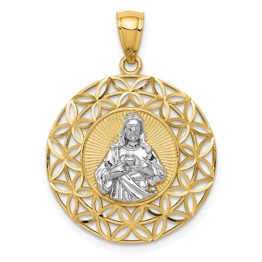 14k Yellow & Rhodium Gold w/Rhodium Diamond-cut Jesus in Circular Pendant