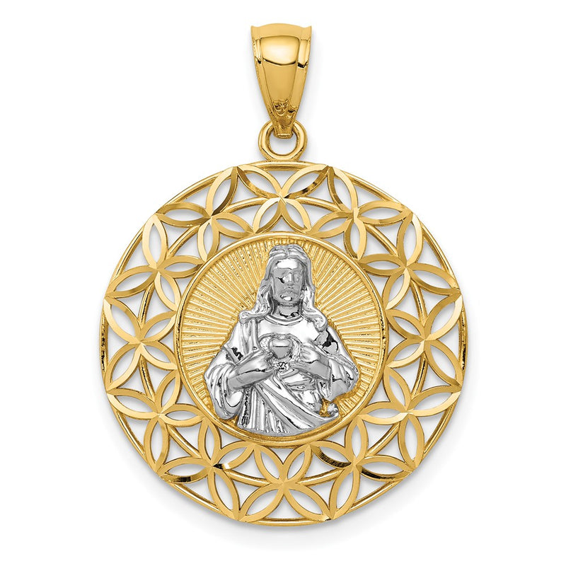 14k Yellow & Rhodium Gold w/Rhodium Diamond-cut Jesus in Circular Pendant