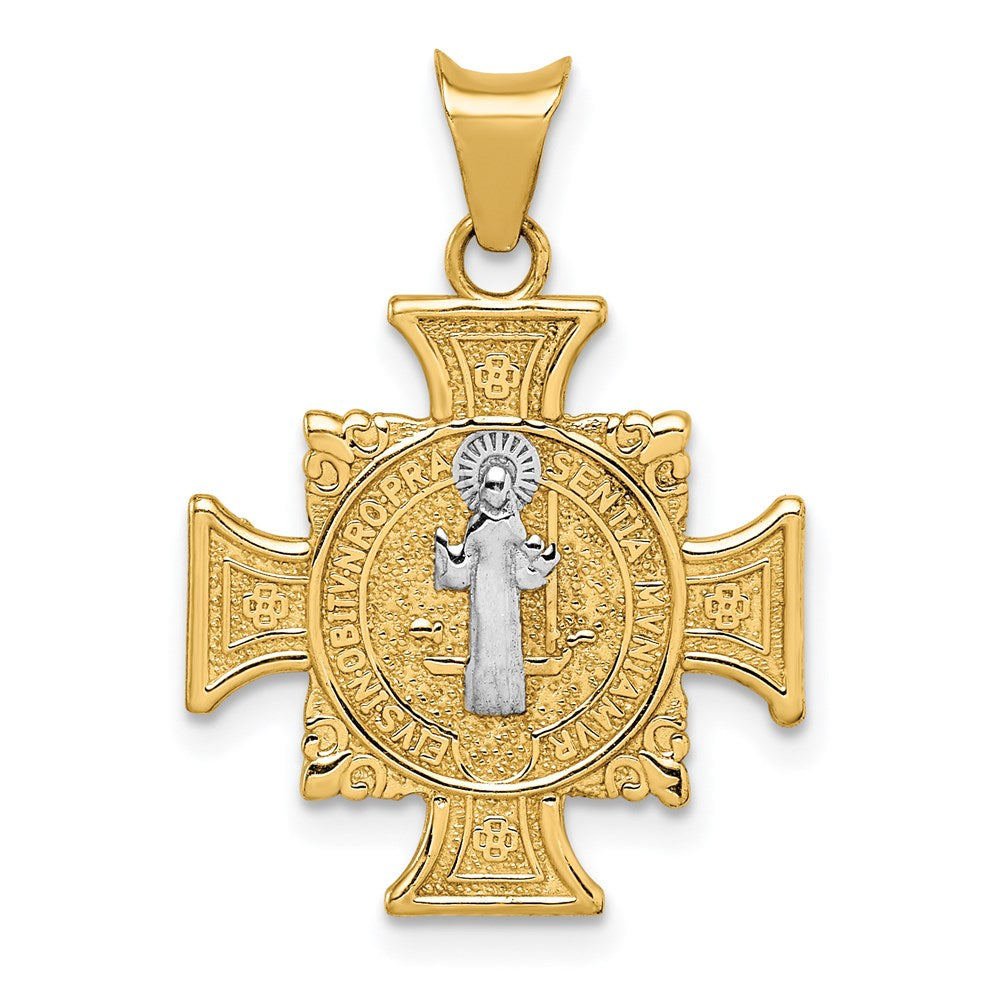 14k Yellow & Rhodium Gold w/Rhodium St. Benedict Semi-solid Pendant