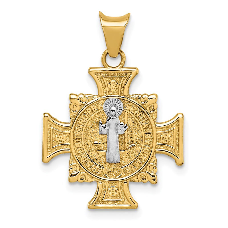 14k Yellow & Rhodium Gold w/Rhodium St. Benedict Semi-solid Pendant