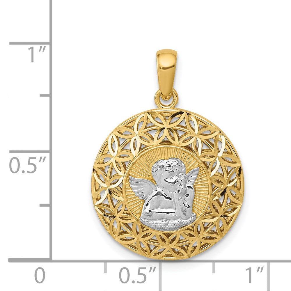 14k Yellow & Rhodium Gold w/Rhodium Polished Filigree Guardian Angel Pendant