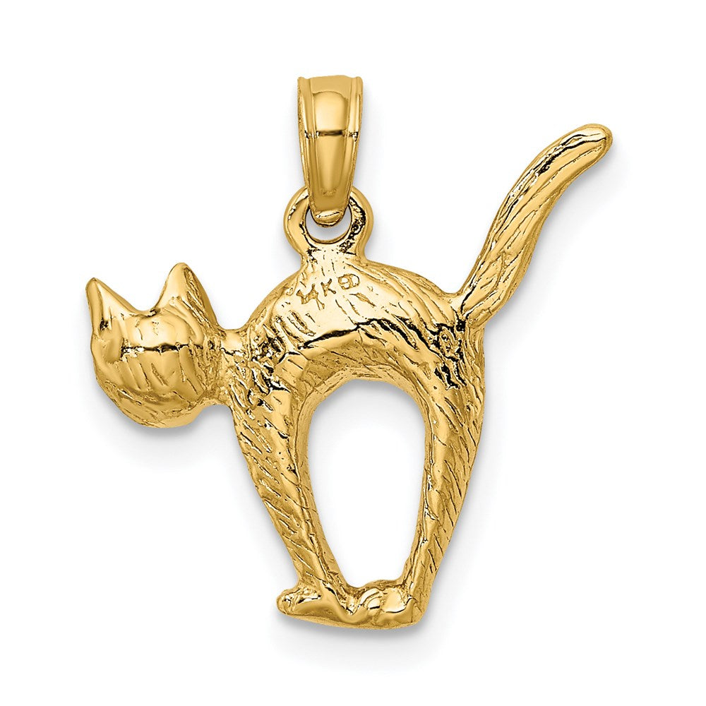 14k Yellow Gold 3-D Textured Arch Back and Raised Tail Cat Charm
