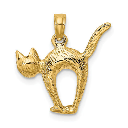 14k Yellow Gold 3-D Textured Arch Back and Raised Tail Cat Charm