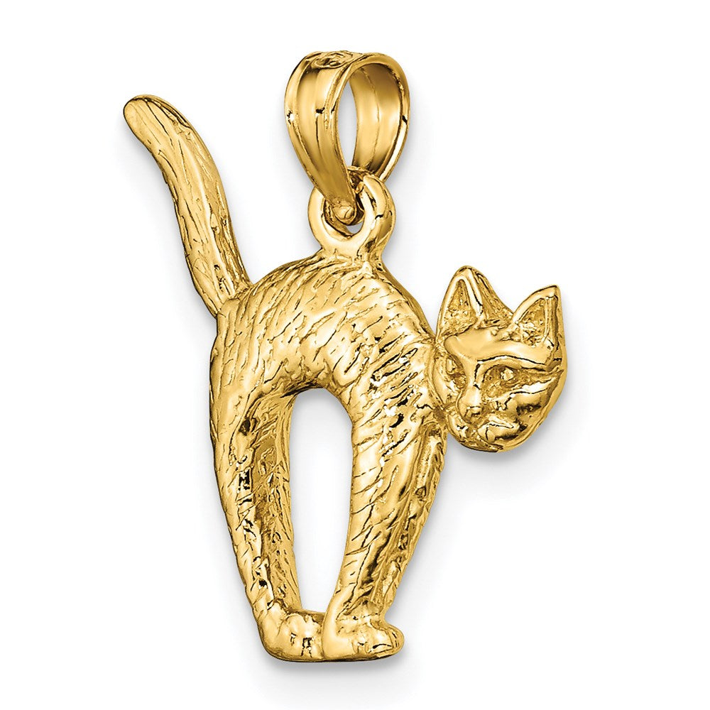 14k Yellow Gold 3-D Textured Arch Back and Raised Tail Cat Charm