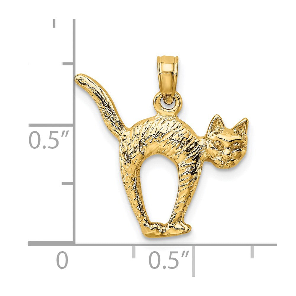 14k Yellow Gold 3-D Textured Arch Back and Raised Tail Cat Charm