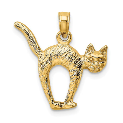 14k Yellow Gold 3-D Textured Arch Back and Raised Tail Cat Charm