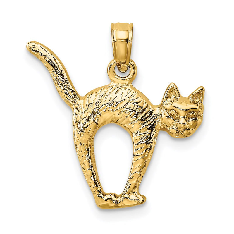 14k Yellow Gold 3-D Textured Arch Back and Raised Tail Cat Charm