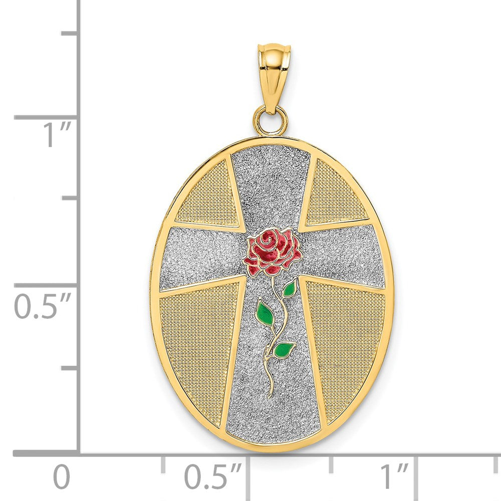 14k Yellow & Rhodium Gold w/ Rhodium Enamel Rose Serenity Prayer Oval Disc Charm