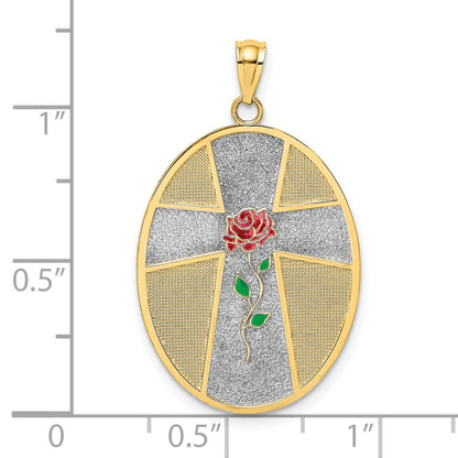14k Yellow & Rhodium Gold w/ Rhodium Enamel Rose Serenity Prayer Oval Disc Charm