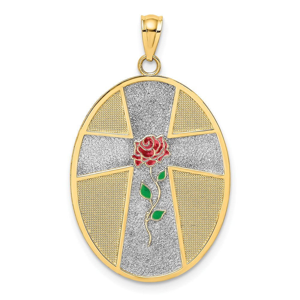 14k Yellow & Rhodium Gold w/ Rhodium Enamel Rose Serenity Prayer Oval Disc Charm