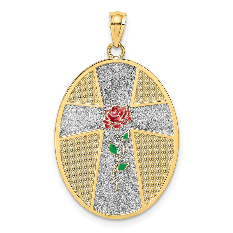 14k Yellow & Rhodium Gold w/ Rhodium Enamel Rose Serenity Prayer Oval Disc Charm