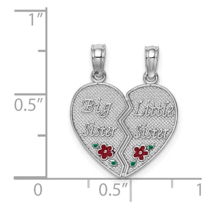 14k White Gold Enamel BIG-LITTLE SISTER Break Apart Heart Charm