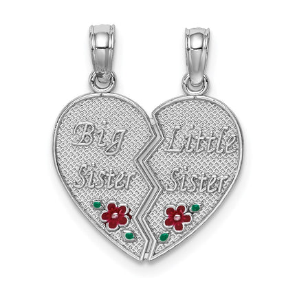 14k White Gold Enamel BIG-LITTLE SISTER Break Apart Heart Charm