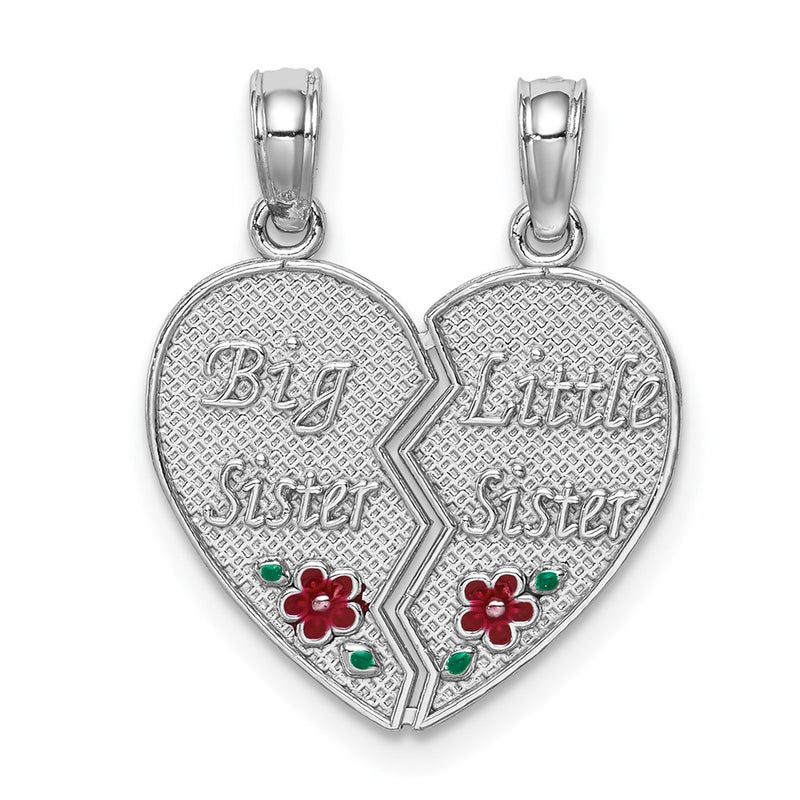 14k White Gold Enamel BIG-LITTLE SISTER Break Apart Heart Charm