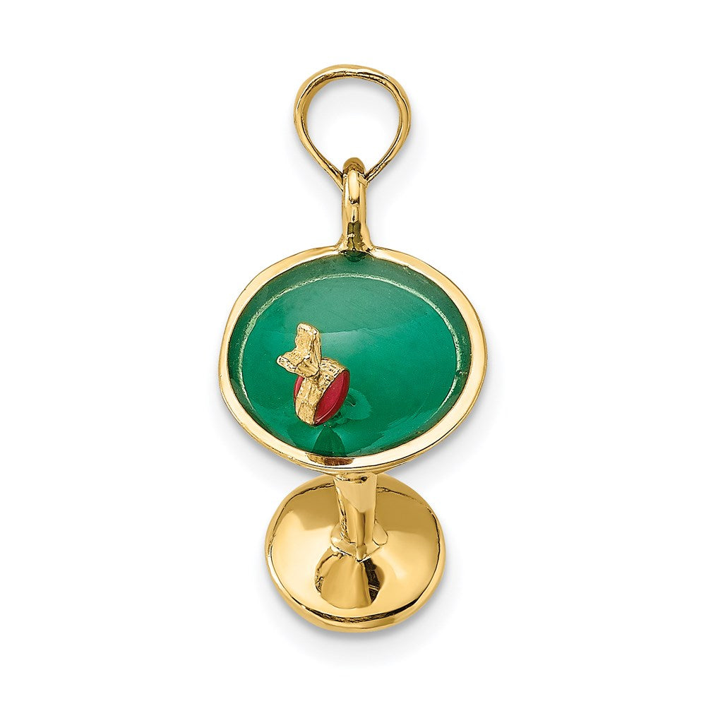 14k Yellow Gold 3-D Green Enamel  Martini w/Cherry Charm